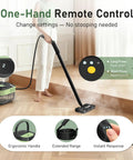 2 In 1 Steam Cleaner And Handheld Mop With 37 Slick Attachments For Spotless Hardwood Tile Floors Kitchen Bath And Cars Easy Setup Heavy 2500 Watt Output in use with one-hand remote control.