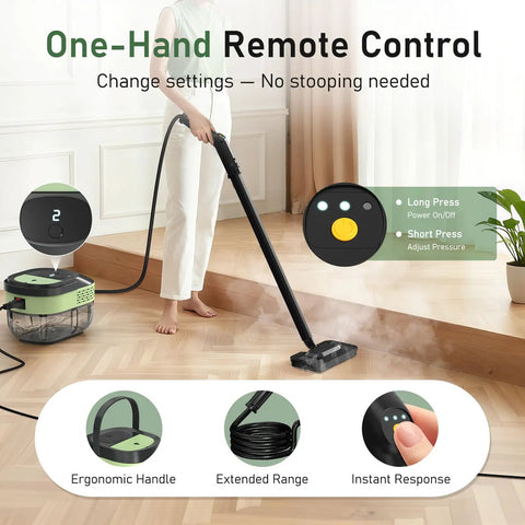 2 In 1 Steam Cleaner And Handheld Mop With 37 Slick Attachments For Spotless Hardwood Tile Floors Kitchen Bath And Cars Easy Setup Heavy 2500 Watt Output in use with one-hand remote control.