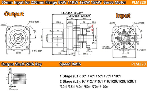 Top Shelf Helical Planetary Gearbox Step Down Motor Reducer For 1.2KW To 3KW 110 To 220Mm Servo with detailed dimension specifications.