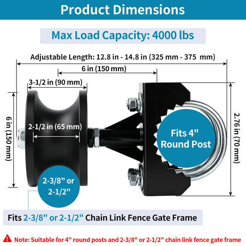 Cantilevered Gate Roller Built Tough With Heavy Duty Nylon Wheel And Weather Resistant Frame, Steel U Bolt And Mounting Hardware For Quick Install Fits Four Inch Round Posts And Two And Three Eighths Inch Or Two And A Half Inch Chain Link Fence Frames. product dimensions diagram for 4 inch round post