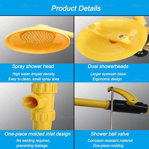 Vertical Eyewash And Shower Station For Industrial And Lab Shop Floor Safety, Emergency First Aid Combo details of showerhead and valve