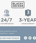 Infographic showing Black+Decker logo, 24/7 customer service, 3-year limited warranty details.