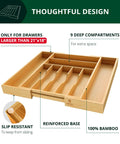 No Drama Heavy Duty Bamboo Kitchen Drawer Organizer And Wide Cutlery Tray For Killer Silverware Storage With Expandable Dividers And Deep Slots Made Tough For Daily Kitchen Use Solid Game Changer Pick showing nine deep compartments.