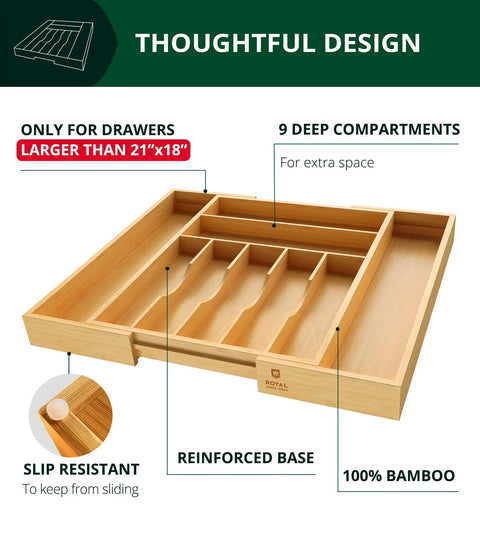 No Drama Heavy Duty Bamboo Kitchen Drawer Organizer And Wide Cutlery Tray For Killer Silverware Storage With Expandable Dividers And Deep Slots Made Tough For Daily Kitchen Use Solid Game Changer Pick showing nine deep compartments.