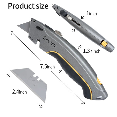 Retractable Utility Knife Heavy Duty Zinc Alloy Box Cutter With 3 SK2 Blades Safety Box Opener For Cardboard Carpet Leather And Packages Built Tough For Everyday Use And The Daily Hustle. 7.5-inch knife