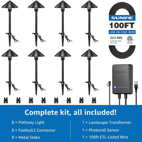 Image of All In One Low Voltage Landscape Lighting Kit With 8 Pathway Lights 60W Transformer 100 Ft Wire 3000K Warm White Outdoor Garden Walkway Lighting Easy Install Complete Bundle For Yard Patio, displaying lights and accessories.