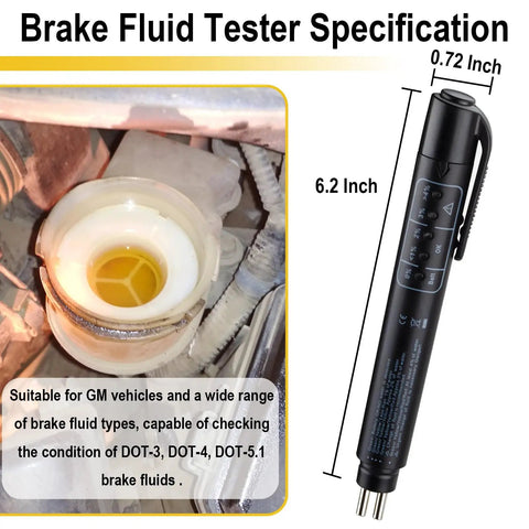 Brake Fluid Moisture Tester For Your Ride, Pro Grade Yet Pocket Sized, Frosted Plastic Shell With Rugged Nylon Inner Build, Fast Clear Readouts, Easy Check Before Every Cruise, Prevent Breaks From Water Damage And Corrosion. 6.2-inch brake fluid tester with LED readout