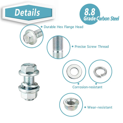 Close-up of 700 Piece Grade 8.8 Metric Flange Hex Bolts Nuts Washers And Spring Washers All In One Kit, zinc plated, eco friendly.