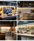 Wave On Wave Off Hands Free Under Cabinet LED Lighting Kit installed in kitchen, garage, and office settings, warm white 3000K LED bars.