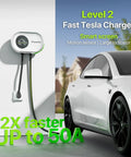 Beast Mode Level 2 EV Charger for Tesla and All EVs, 50A 240V Home Charging Station with car, motion-activated display