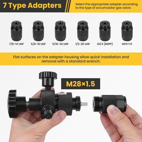 Beefed-Up Hydraulic Nitrogen Accumulator Charging Kit With Pressure Test System For Fast Inflation, 7 Adapters, 3 Gauges, 1 Gas Hose, G5/8 To CGA580 Male Adapter, Flat-Cut Adapters, Stainless Fittings, Flow-Through Needles