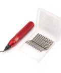 Pro Afa Deburring Tool Set With 11 M35 High Speed Steel Blades, red anodized handle and stainless steel blades in case.