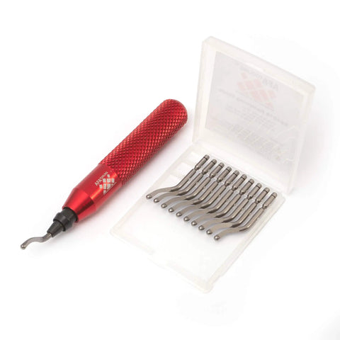 Pro Afa Deburring Tool Set With 11 M35 High Speed Steel Blades, red anodized handle and stainless steel blades in case.