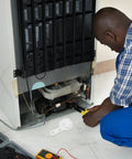 Man installing White Plastic Refrigerator Door Stopper Hook Replacement Catch under fridge for secure closure.
