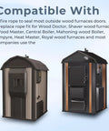 Wood stoves front view: beige stove on left and black stove with copper trim on right.