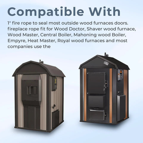 Wood stoves front view: beige stove on left and black stove with copper trim on right.
