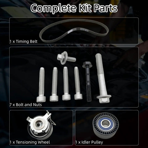 Complete kit parts of Engine Timing Belt Kit With Tensioner For Volvo 2.0T Cars Fits XC90 XC70 XC60 XC40 V90 V70 S90 S80 S60 32213096 Replacement Part Direct Fit And Premium Quality For Long Lasting Beefed Up Durability.