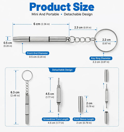 Stainless Steel Glasses Screws And Sunglasses Repair Kit 600 Piece Set dimensions showing mini portable screwdriver design
