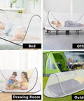 2 Pack Pop Up Mosquito Net Tent For Bed Sleep, Foldable Portable Enclosure with breathable mesh shown in various indoor and outdoor settings