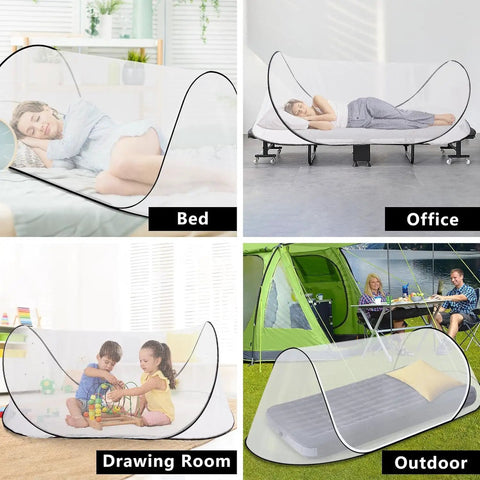 2 Pack Pop Up Mosquito Net Tent For Bed Sleep, Foldable Portable Enclosure with breathable mesh shown in various indoor and outdoor settings