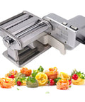 Shule Electric Pasta Maker Machine With Motorized Roller And Stainless Steel Construction next to fresh homemade pasta petals.