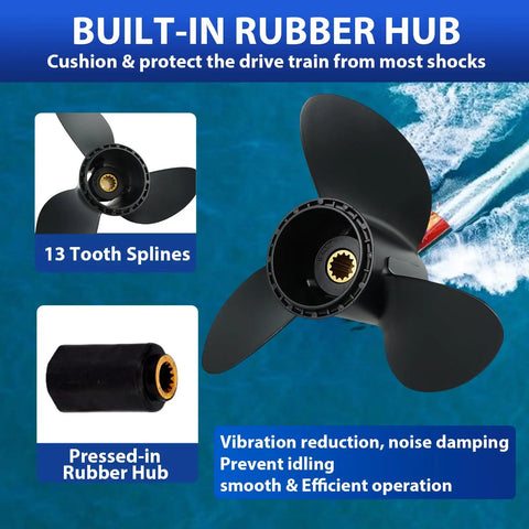 Image of Eleven Point Seven Five Inch Diameter Seventeen Pitch Aluminum Boat Propeller, showing 13-spline rubber hub and three blades.