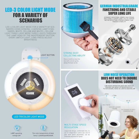 Badass Nail Dust Collector Vacuum With Sturdy Table Mount And Dimmable LED Light with multi-stage speed regulation and tri-color light mode.