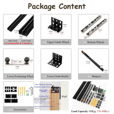 Hidden Sliding Mirror Closet Door Track Kit For Narrow Openings, package contents including rails, wheels, and accessories.