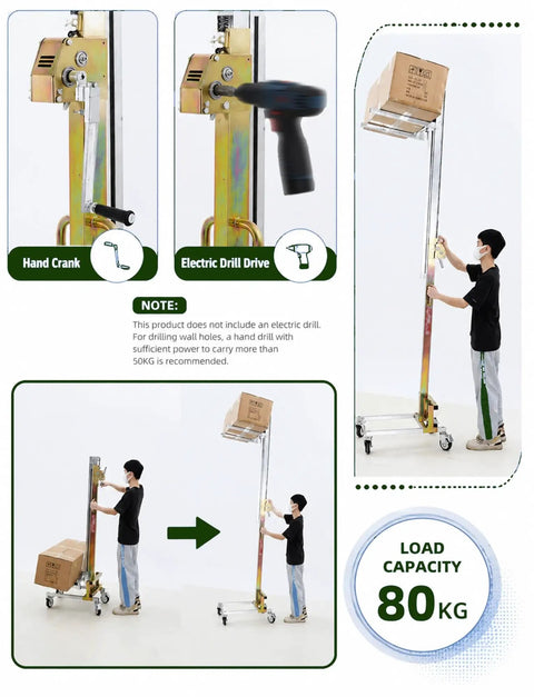 Handy Portable Material Lift Stacker With Manual Winch Forklift For Heavy Boxes, Cabinets, And Equipment Up To 80kg in use lifting a box.
