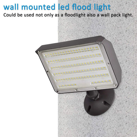 Bright 150W LED Outdoor Flood Light With 21000 Lumens, 5000K Daylight mounted on wall with adjustable knuckle