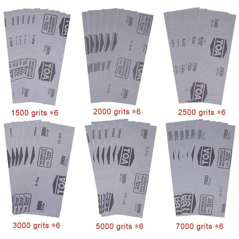 36 Piece High Grit Sandpaper Set Wet And Dry Assortment For Polishing And Smoothing 1500 2000 2500 3000 5000 And 7000 Grit 9 By 3.6 Inch Sheets For Manual Sanding Blocks Or Cutting displayed in stacks