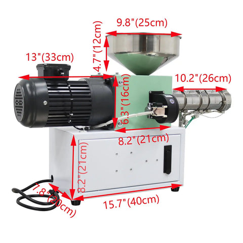 Heavy Duty Desktop Single Screw Plastic Extruder For Custom 3D Filament PEEK ABS PLA PETG TPU Material with dimensions displayed.