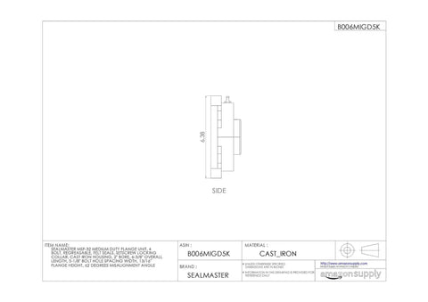 Workhorse 2 Inch Bore Four Bolt Flange Bearing Unit With Rugged Cast Iron Housing and Felt Seals side view drawing.