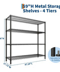 Metal 4 Tier Shelving Unit For Garage And Home Storage, 47.24 Inch Wide wire shelves with open sides, adjustable feet