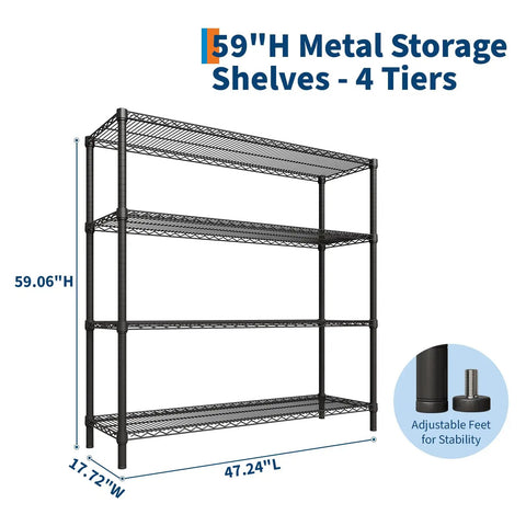 Metal 4 Tier Shelving Unit For Garage And Home Storage, 47.24 Inch Wide wire shelves with open sides, adjustable feet