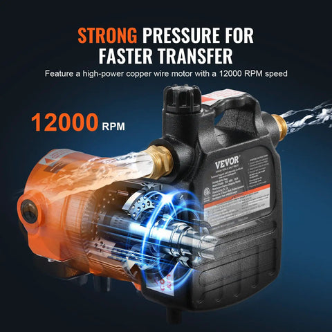 Portable 1600 GPH Water Transfer Pump With Half Horsepower, 115 Volt Electric Utility Pump featuring strong pressure for faster transfer