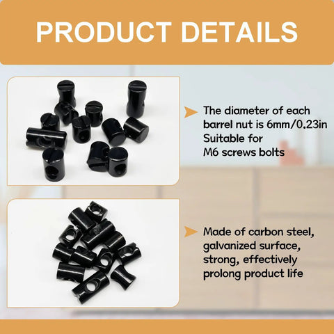 76 Piece M6 Barrel Nut Set Black Carbon Steel Heavy Duty with Galvanized Finish shown in product details view