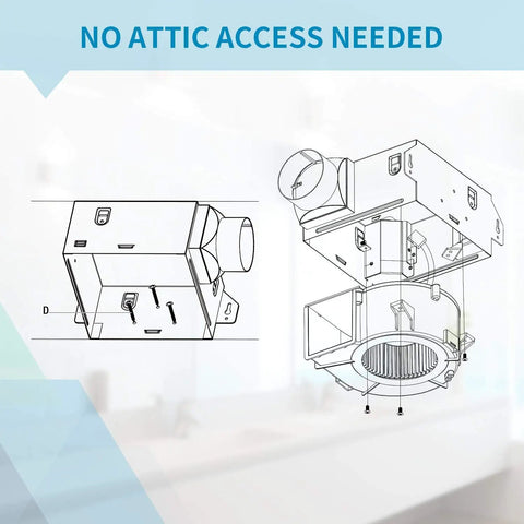 Ultra Quiet Ceiling Mounted Bathroom Exhaust Fan 50 CFM 1.0Sone DC Motor No Attic Access Needed Installation diagram