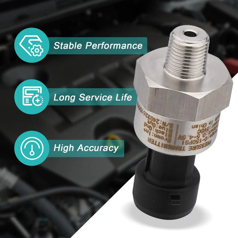 Front view of 0-150 Psi Pressure Transducer Sensor With 1/8-27 NPT 316 Stainless Steel Thread And Harness Connector for oil fuel air water systems