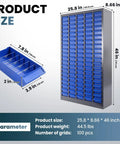 Product dimensions of Built Like A Tank Heavy Duty 100 Drawer Parts Cabinet Steel Bolt Organizer with smooth sliding trays.