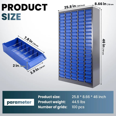 Product dimensions of Built Like A Tank Heavy Duty 100 Drawer Parts Cabinet Steel Bolt Organizer with smooth sliding trays.