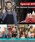 Man in apron giving thumbs up in front of wrapped gift boxes with images of Father's Day, Christmas, Birthday, and Housewarming gatherings.