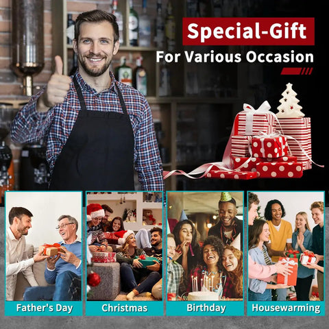 Man in apron giving thumbs up in front of wrapped gift boxes with images of Father's Day, Christmas, Birthday, and Housewarming gatherings.