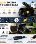No Hassle Bulletproof XT60 To 12V 24V Car Charger Cable for powering devices, black 6.6 feet cable with secure metal tip.