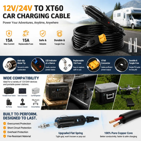 No Hassle Bulletproof XT60 To 12V 24V Car Charger Cable for powering devices, black 6.6 feet cable with secure metal tip.