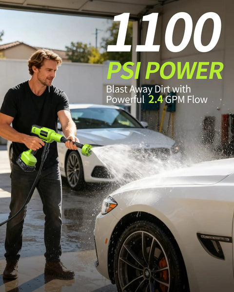 Man using Cordless Handheld Pressure Washer 1100 PSI Battery Powered With Copper Motor, 23 Ft Hose, Storage Bag, Lightweight Pro Grade Car Wash