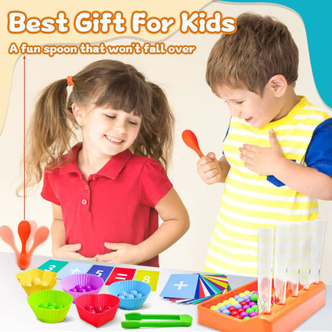 Kickstart Early Math Skills With This Awesome Color Sorting And Counting Toy Set For Toddlers featuring colorful beads, cups, and counting cards.