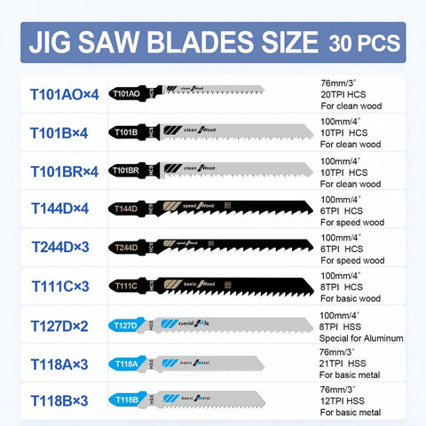 Craluuur 30-piece T-shank jigsaw blade set for wood, metal and plastic.