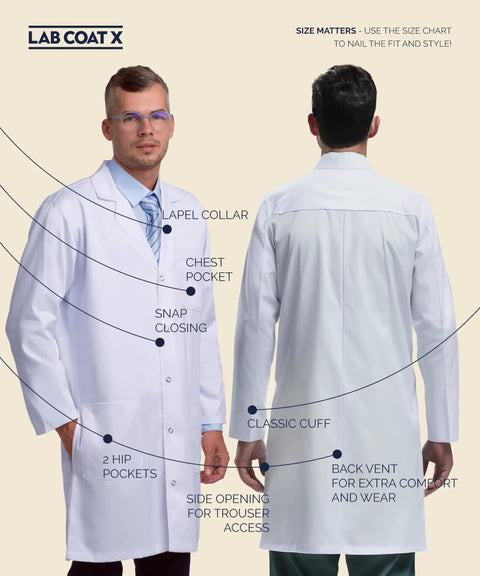 Front and back view of Dope Unisex 100 Percent Cotton Lab Coat With Multiple Pockets Classic Fit Snap Closures 40 Inch Length Roomy Workwear