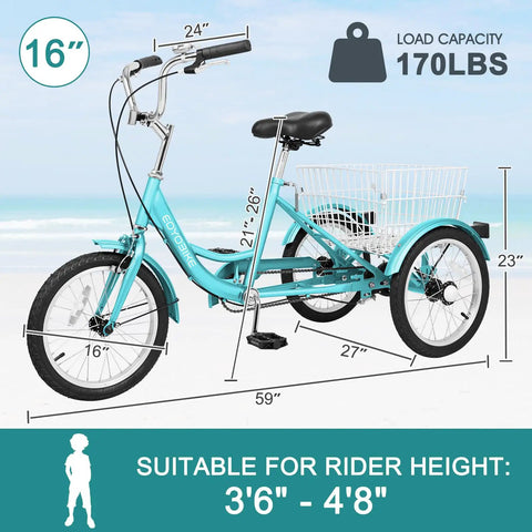 16 Inch Tricycle For Beginners With Stable Three Wheel Design, Low Step Through Frame For Easy On And Off, Ideal For Small Riders Ages 4 To 9, Durable Metal Build, Smooth Safe Ride For Confidence On Every Spin. Ocean Mist 3-wheel tricycle with rear basket and 170 lbs capacity